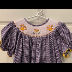 Size 6 Purple & White Gingham Smocked Tiger Dress